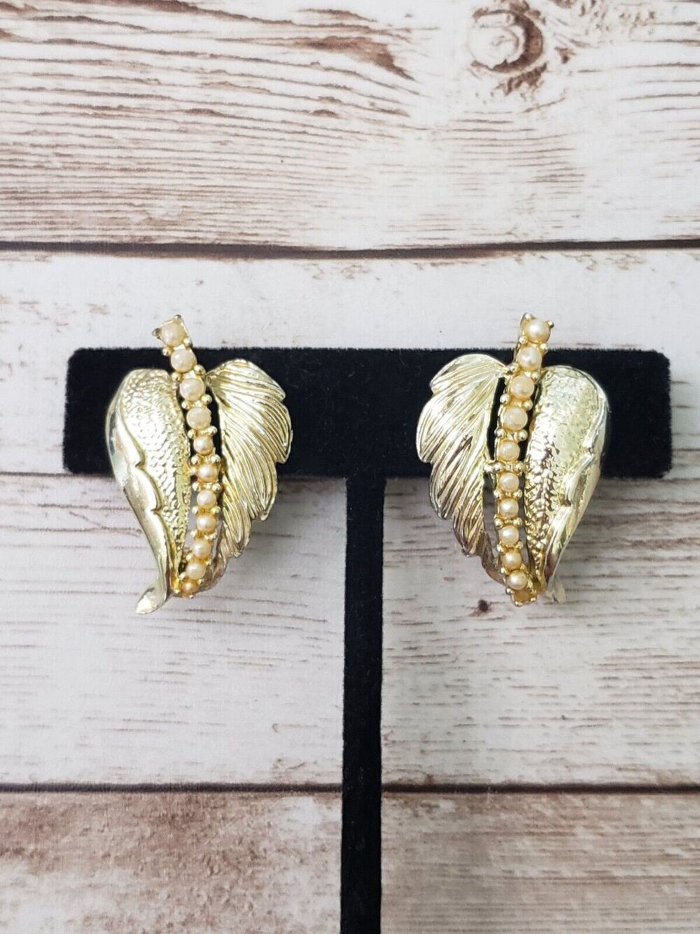 Vintage Clip On Earrings Light Shade of Gold Tone Leaf with Faux Pearl Detail